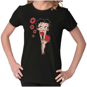 Retro Betty Boop Cartoon Kissy Lips Womens Slim Fit Graphic Tee(Black)