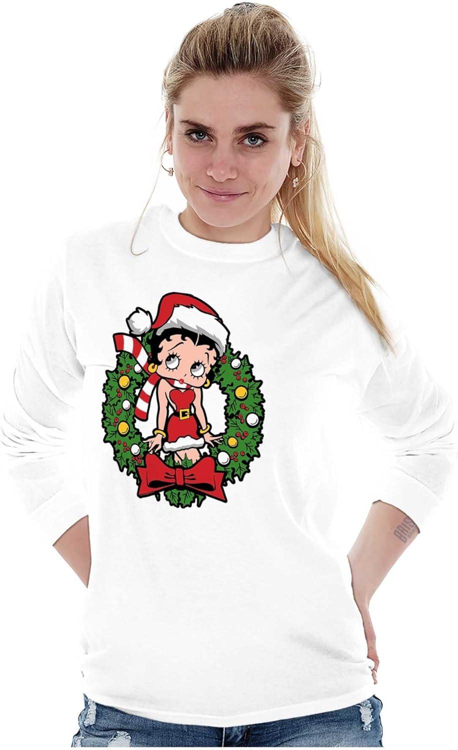 imageBetty Boop Christmas Cute Vintage Womens Long Sleeve T ShirtWhite