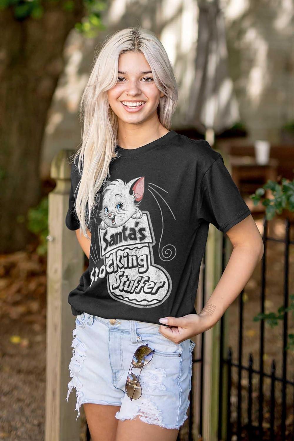 imageChristmas Santas Stocking Stuffer Cat Womens Graphic T Shirt TeesBlack