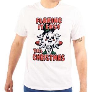 Brisco Brands Flaking It Easy Till Christmas Pun Graphic T Shirt Men or Women(White)