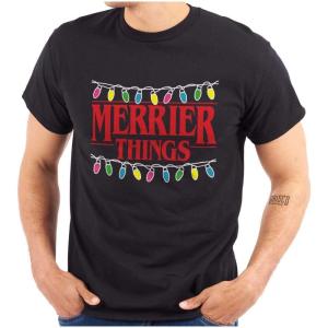 Brisco Brands Merrier Things Christmas Lights Graphic T Shirt Men or Women(Black)