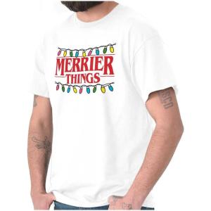 Brisco Brands Merrier Things Christmas Lights Graphic T Shirt Men or Women(White)