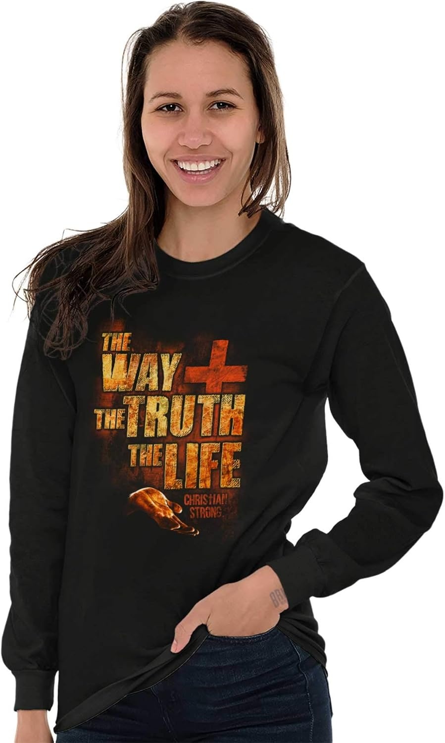 imageThe Way Truth Life Christian Cross Mens Long Sleeve Tee T ShirtBlack