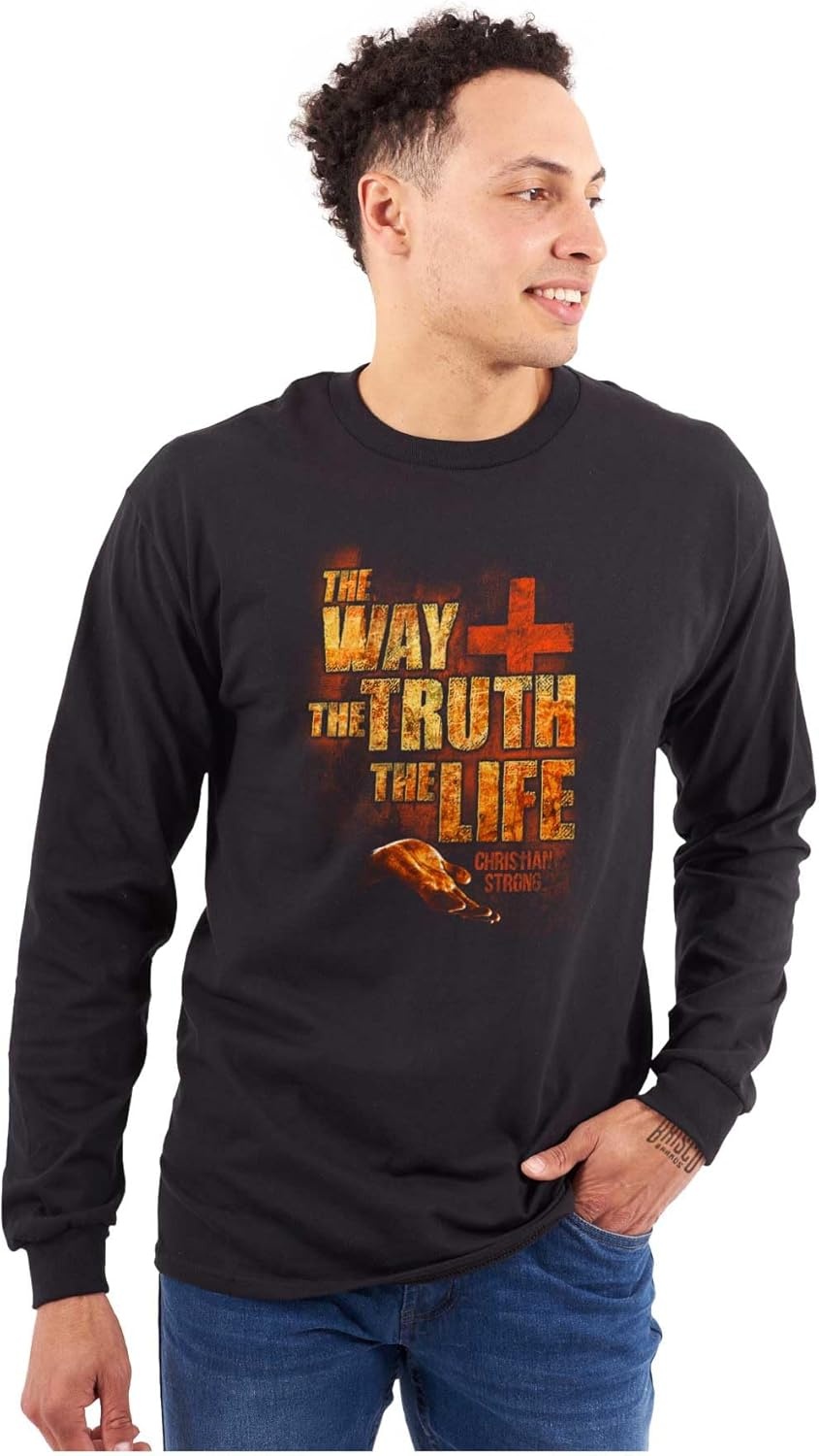 imageThe Way Truth Life Christian Cross Mens Long Sleeve Tee T ShirtBlack