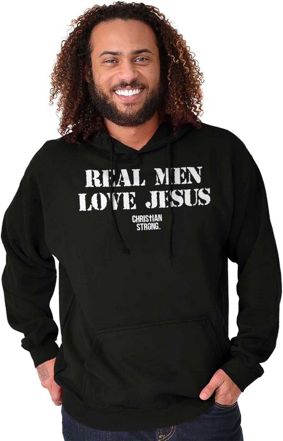imageBrisco Brands Real Men Love Jesus Christian Hoodie Hooded Sweatshirt MenBlack