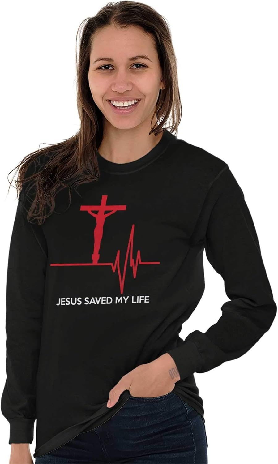 imageChristian Strong Jesus Saved My Life Crucifix Long Sleeve Tshirt Men WomenBlack