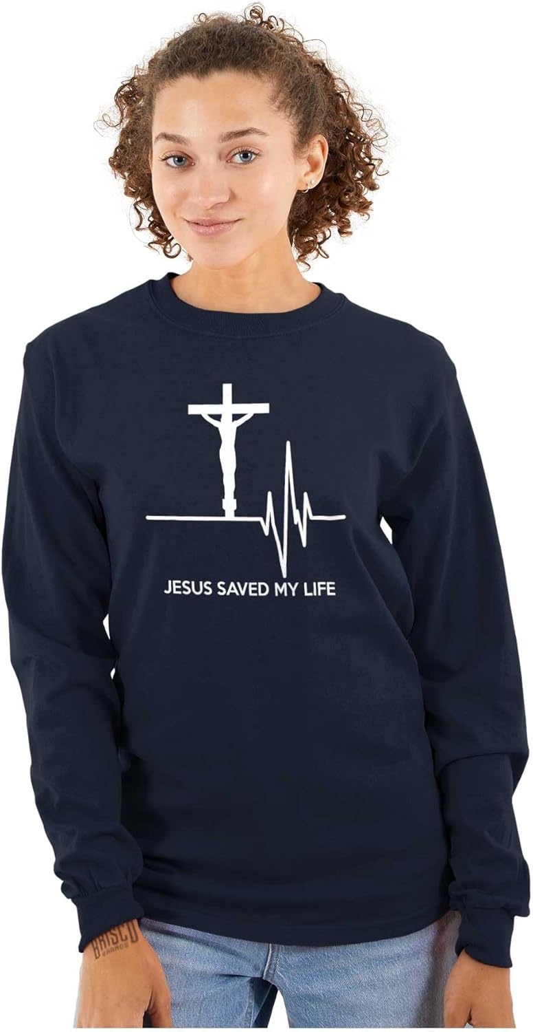 imageChristian Strong Jesus Saved My Life Crucifix Long Sleeve Tshirt Men WomenNavy