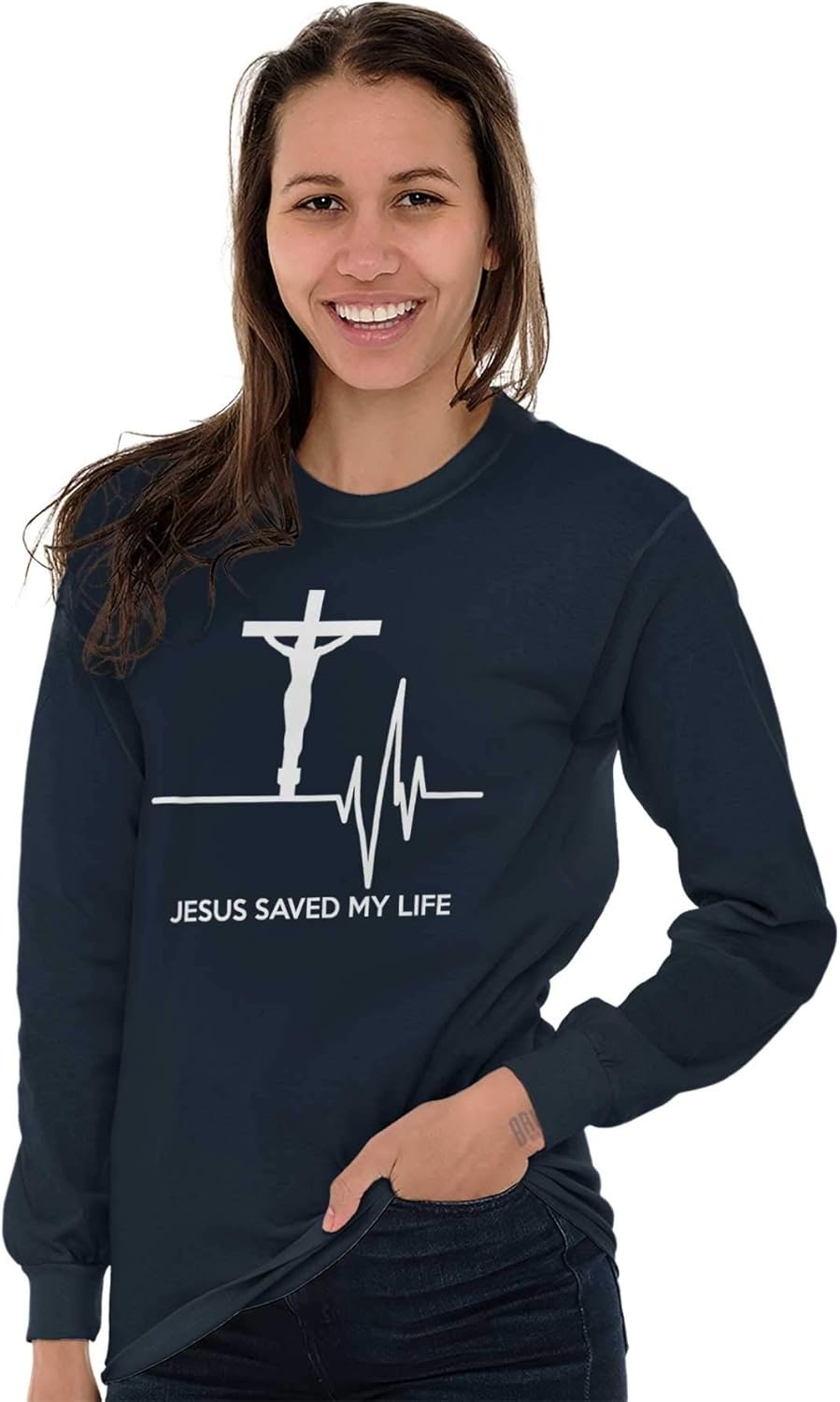 imageChristian Strong Jesus Saved My Life Crucifix Long Sleeve Tshirt Men WomenNavy