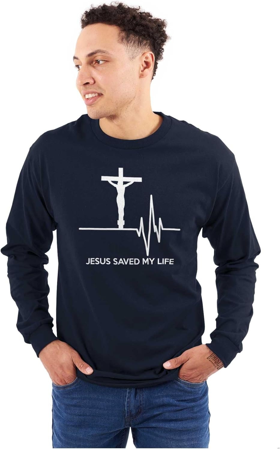 imageChristian Strong Jesus Saved My Life Crucifix Long Sleeve Tshirt Men WomenNavy