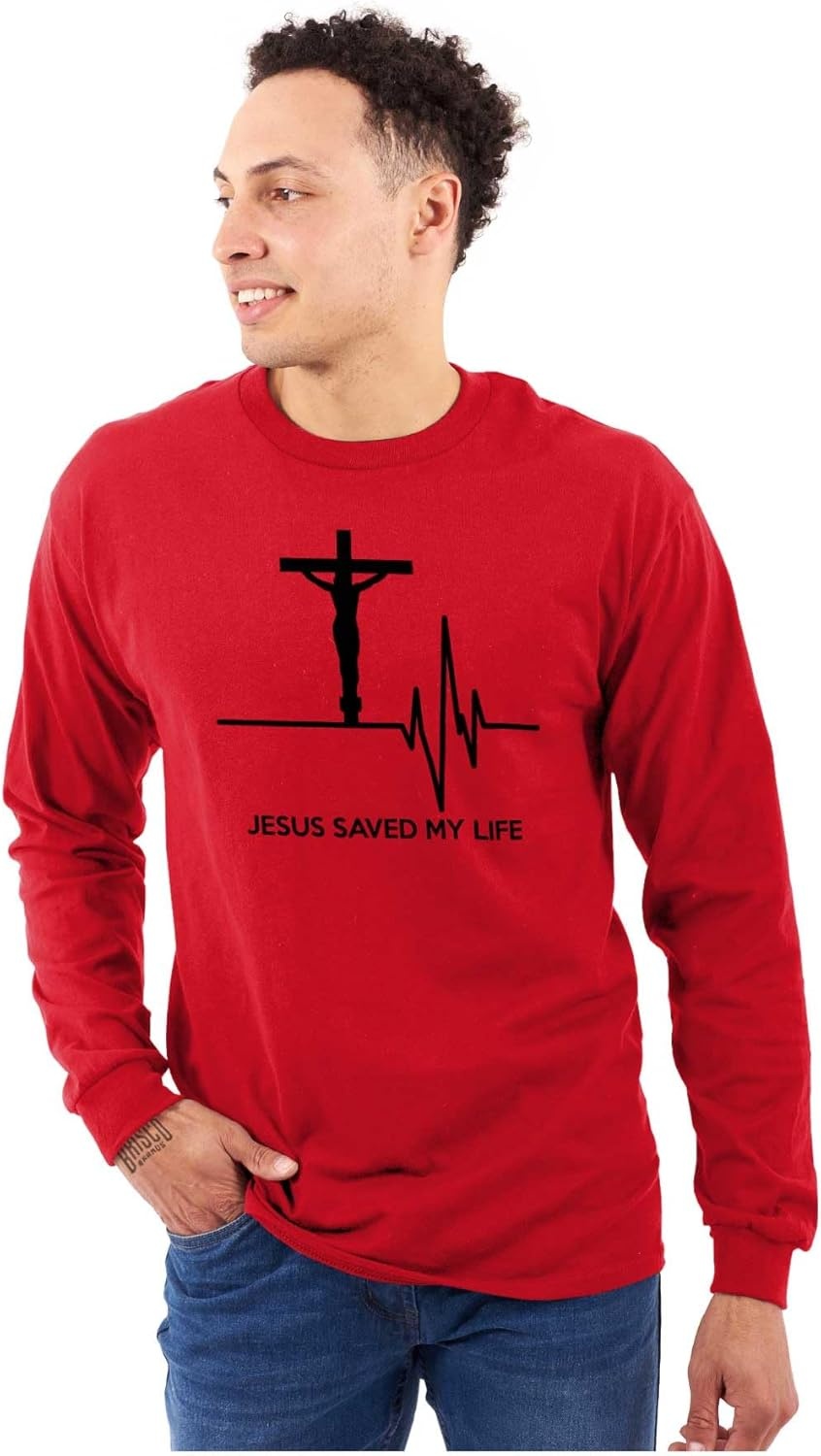 imageChristian Strong Jesus Saved My Life Crucifix Long Sleeve Tshirt Men WomenRed