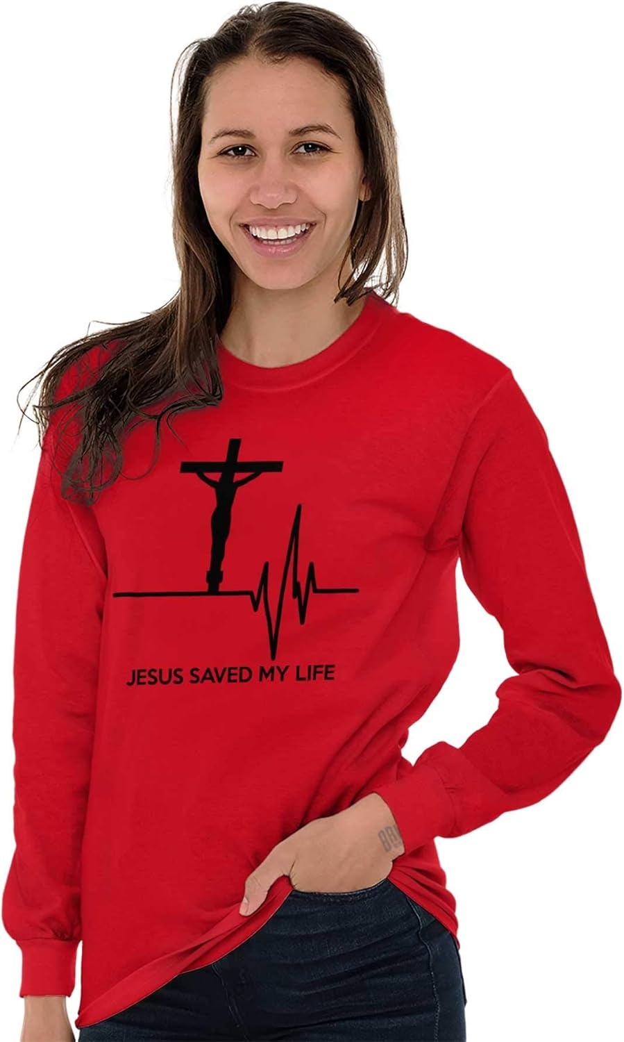 imageChristian Strong Jesus Saved My Life Crucifix Long Sleeve Tshirt Men WomenRed