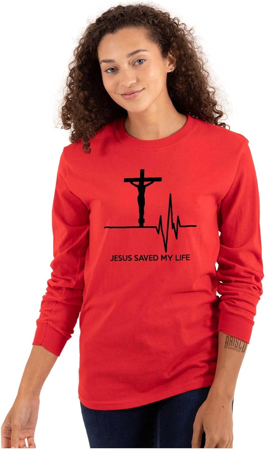 imageChristian Strong Jesus Saved My Life Crucifix Long Sleeve Tshirt Men WomenRed