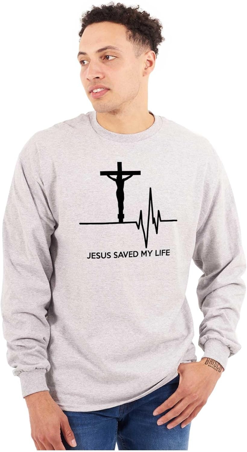 imageChristian Strong Jesus Saved My Life Crucifix Long Sleeve Tshirt Men WomenSport Grey