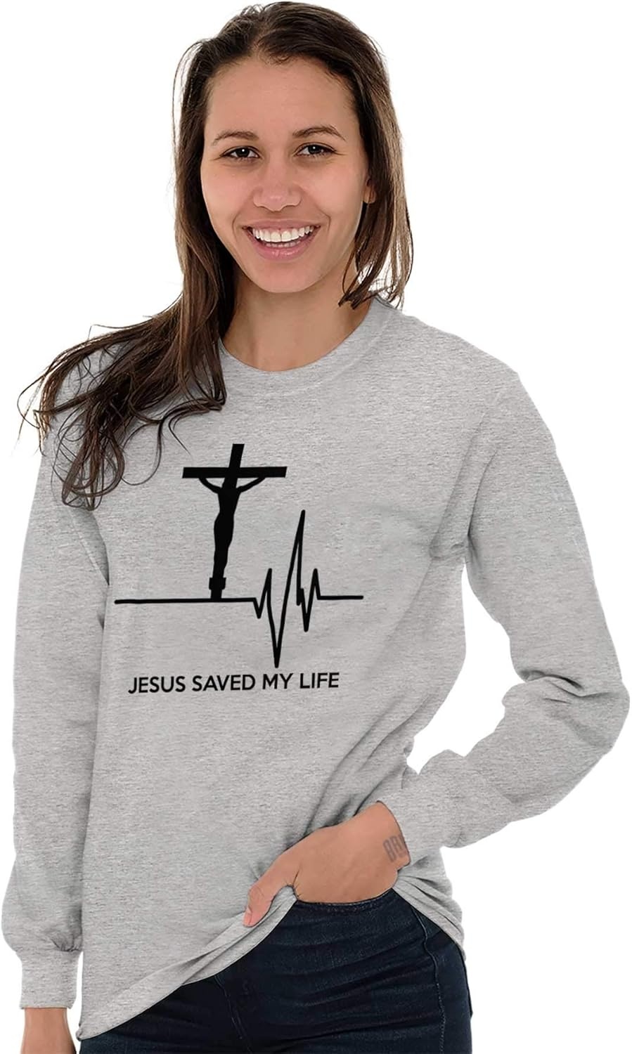 imageChristian Strong Jesus Saved My Life Crucifix Long Sleeve Tshirt Men WomenSport Grey