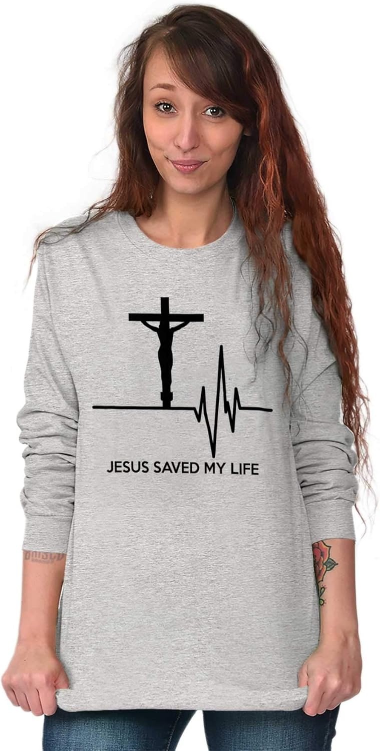 imageChristian Strong Jesus Saved My Life Crucifix Long Sleeve Tshirt Men WomenSport Grey