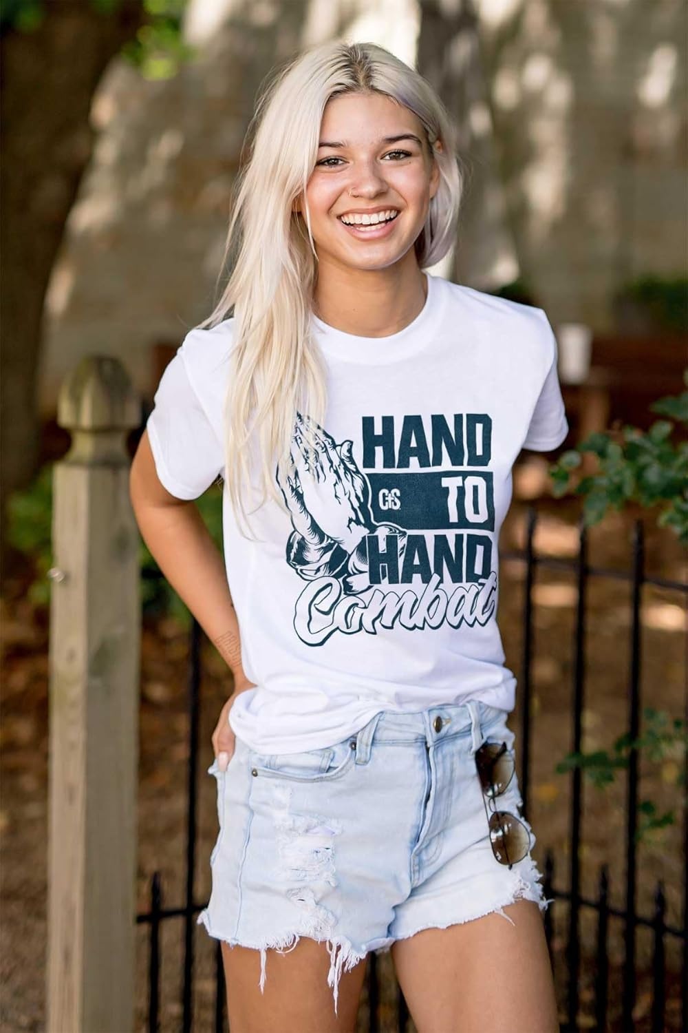 imageHand to Hand Combat Praying Pun Graphic T Shirt Men or WomenWhite