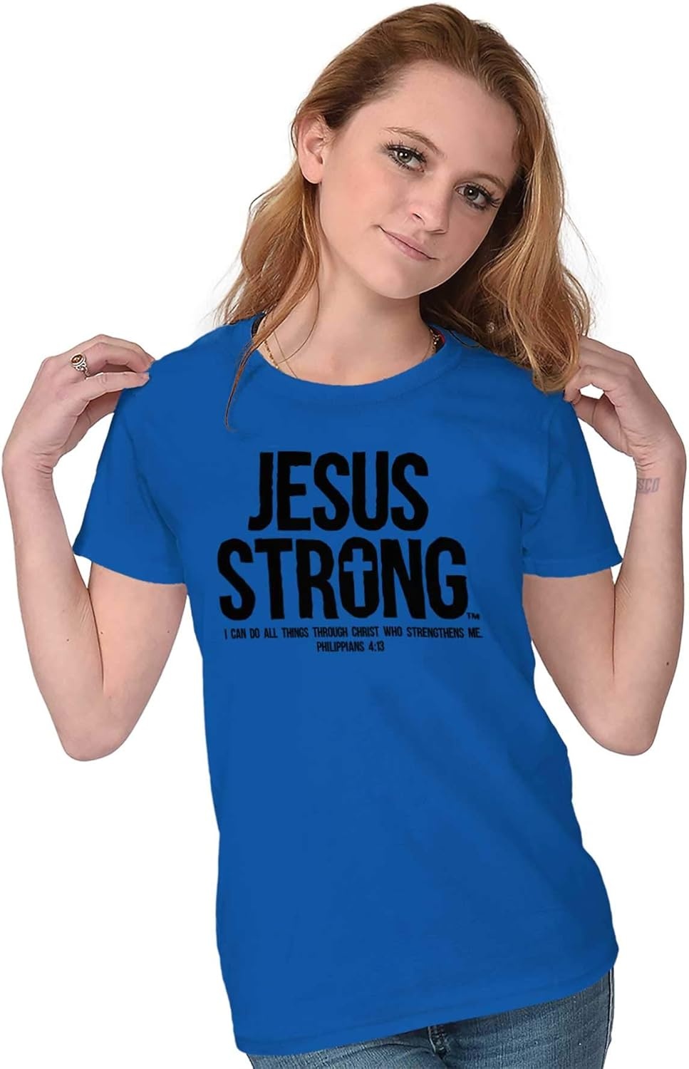 imageJesus Strong Philippians 413 Bible Womens Slim Fit Graphic Tee Royal