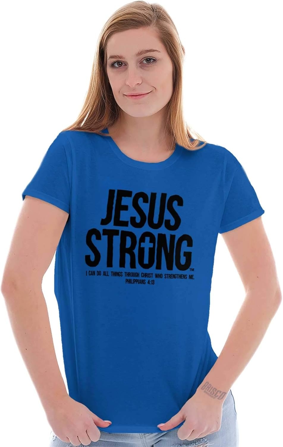 imageJesus Strong Philippians 413 Bible Womens Slim Fit Graphic Tee Royal