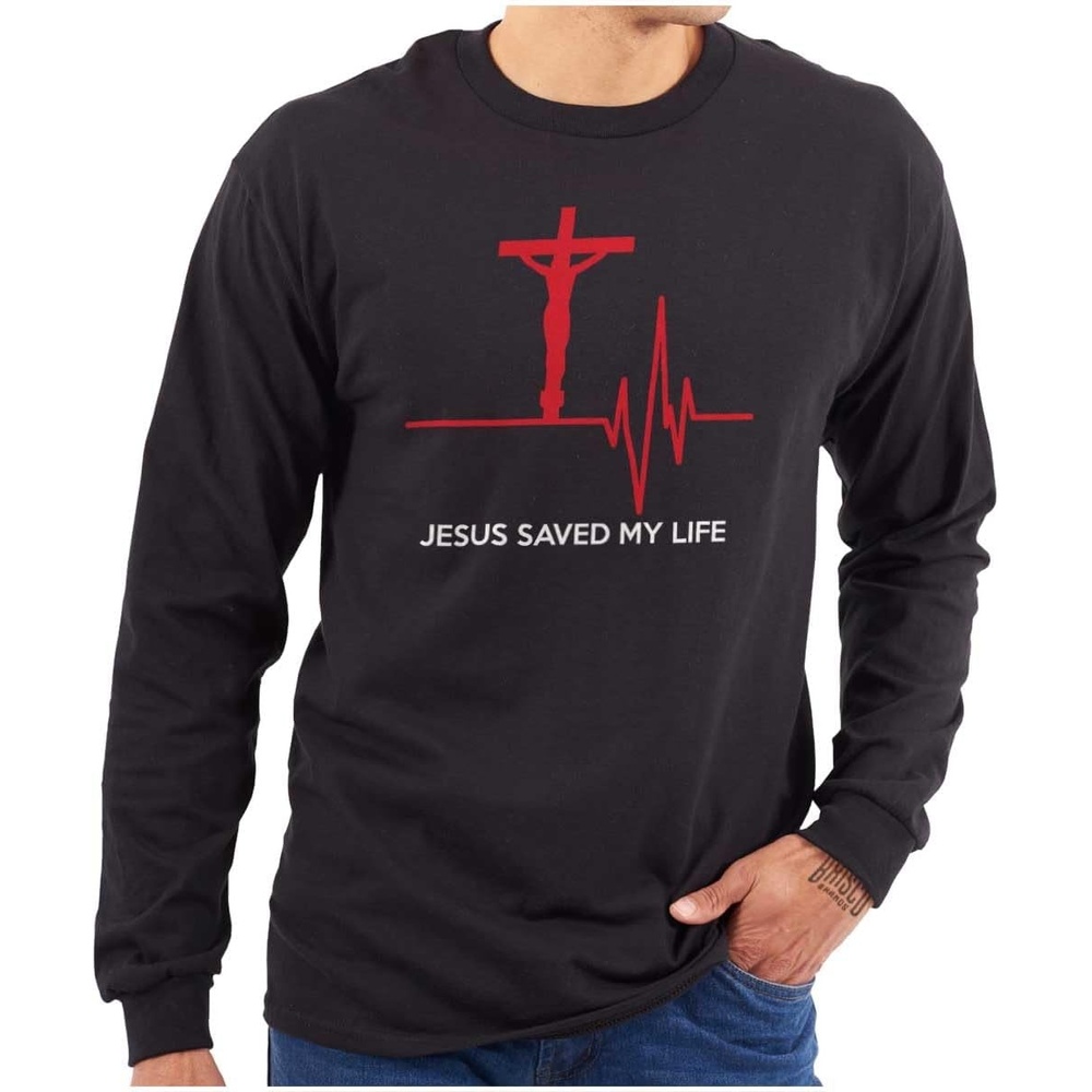 imageChristian Strong Jesus Saved My Life Crucifix Long Sleeve Tshirt Men WomenBlack