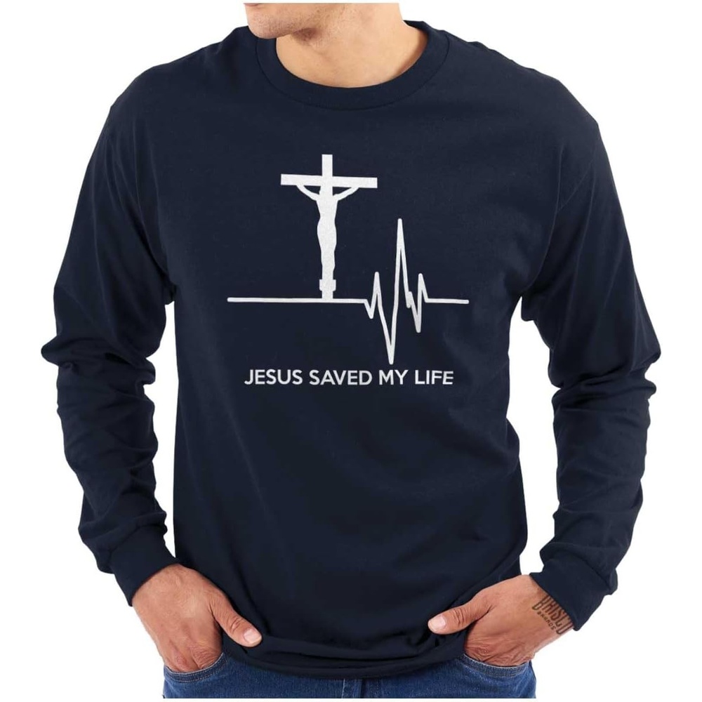 imageChristian Strong Jesus Saved My Life Crucifix Long Sleeve Tshirt Men WomenNavy