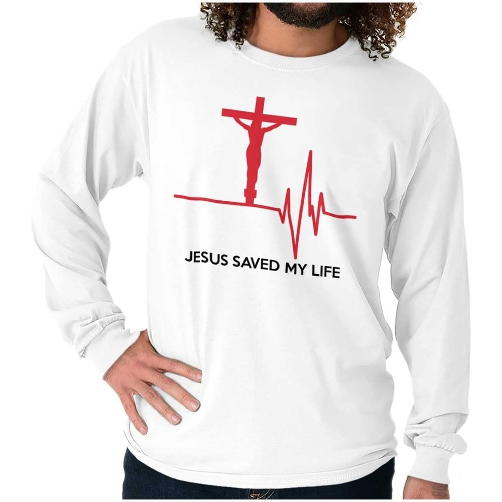 imageChristian Strong Jesus Saved My Life Crucifix Long Sleeve Tshirt Men WomenWhite
