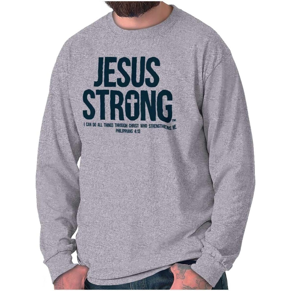 imageJesus Strong Philippians 413 Bible Long Sleeve Tshirt Men WomenAsh Grey
