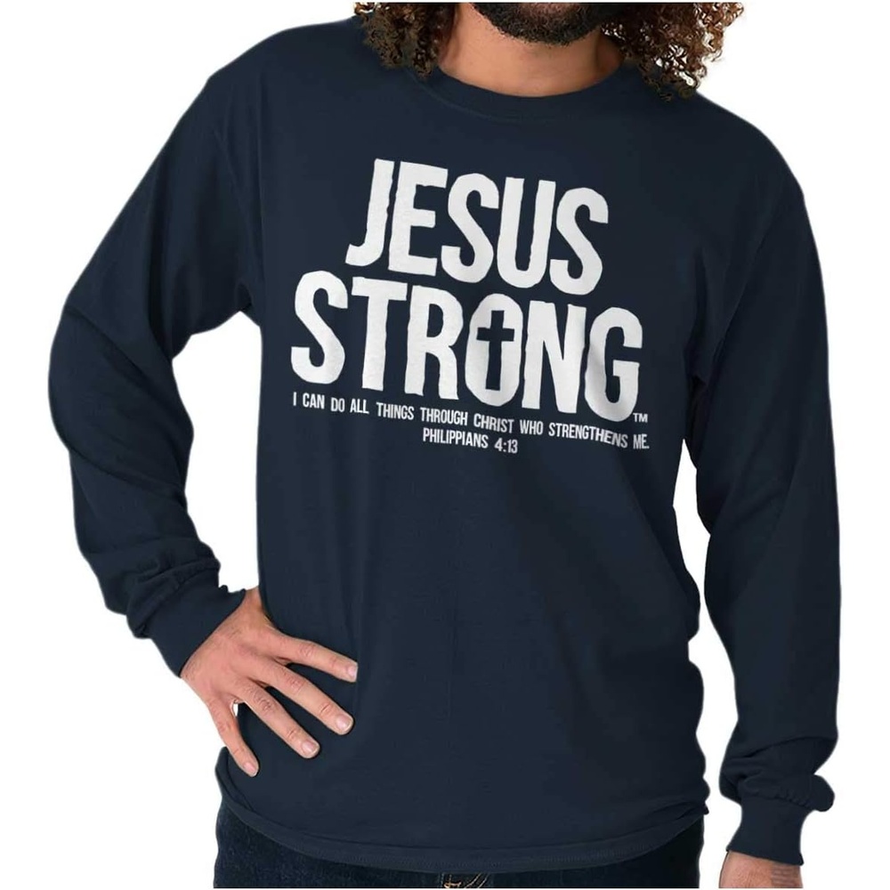 imageJesus Strong Philippians 413 Bible Long Sleeve Tshirt Men WomenNavy
