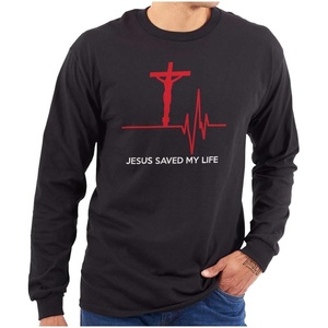 Christian Strong Jesus Saved My Life Crucifix Long Sleeve Tshirt Men Women(Black)