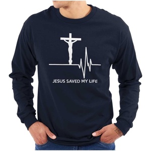 Christian Strong Jesus Saved My Life Crucifix Long Sleeve Tshirt Men Women(Navy)