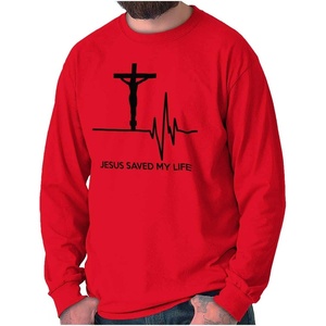 Christian Strong Jesus Saved My Life Crucifix Long Sleeve Tshirt Men Women(Red)