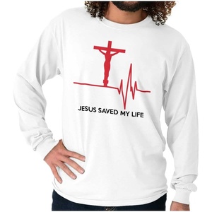 Christian Strong Jesus Saved My Life Crucifix Long Sleeve Tshirt Men Women(White)