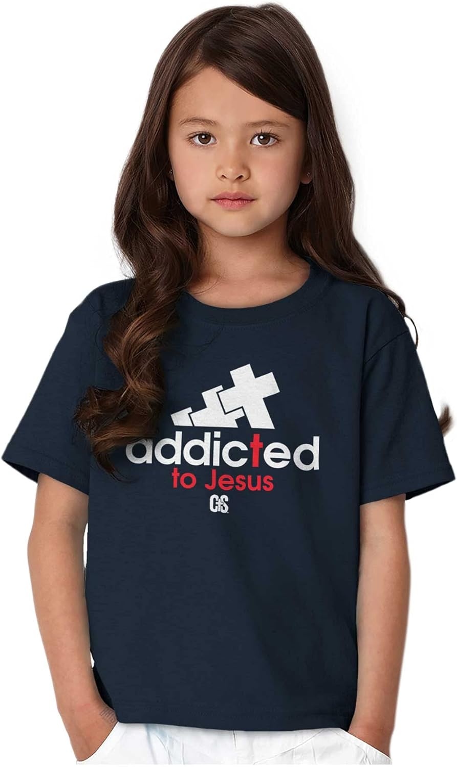 image:imageBrisco Brands Punny Christian Addicted to Jesus Crewneck T Shirts Boy GirlNavy