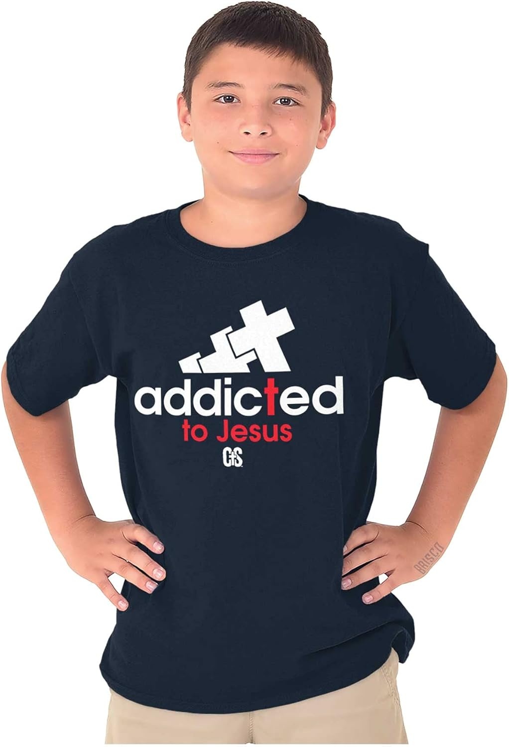 image:imageBrisco Brands Punny Christian Addicted to Jesus Crewneck T Shirts Boy GirlNavy