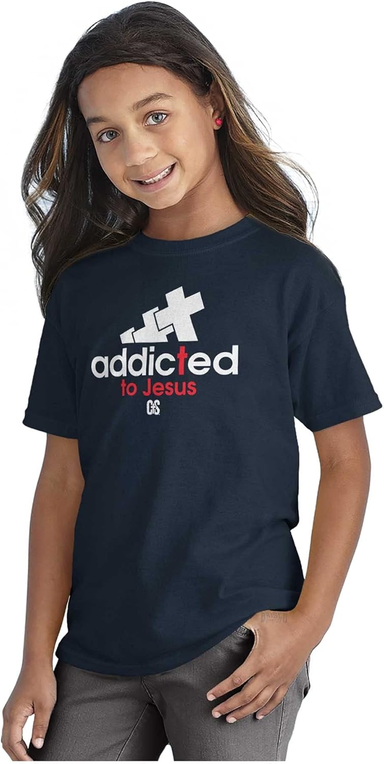 image:imageBrisco Brands Punny Christian Addicted to Jesus Crewneck T Shirts Boy GirlNavy