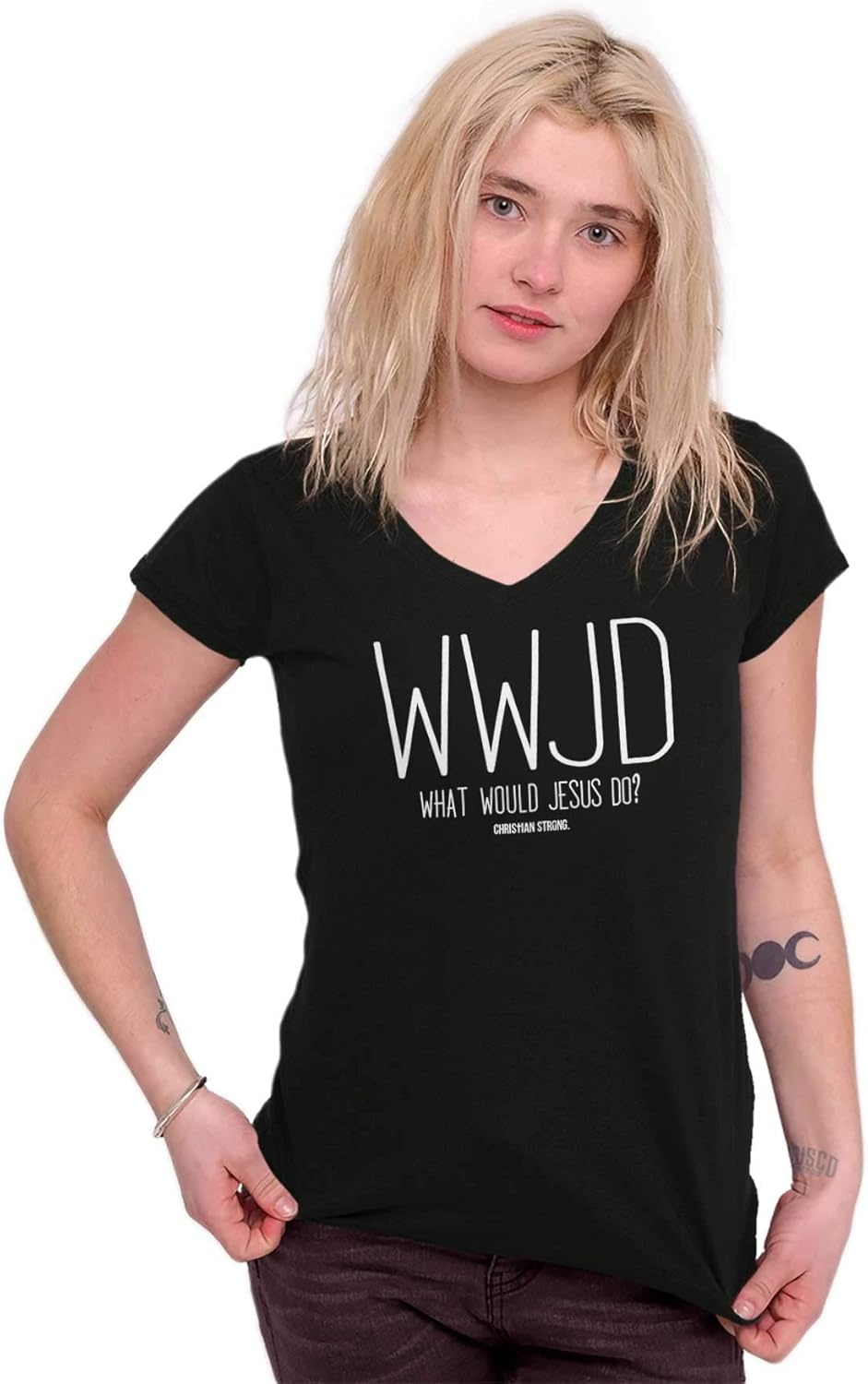 image:imageWWJD What Would Jesus Do Womens Petite VNeck T Shirt Black L