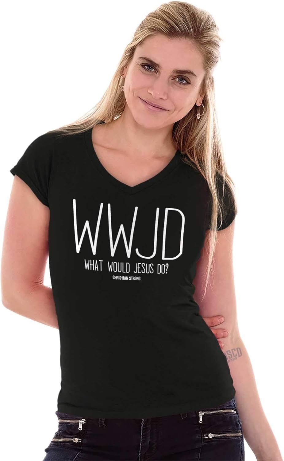 image:imageWWJD What Would Jesus Do Womens Petite VNeck T Shirt Black L