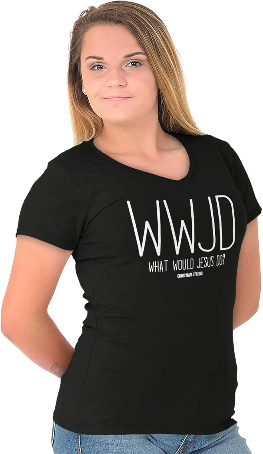 image:imageWWJD What Would Jesus Do Womens Petite VNeck T Shirt Black L