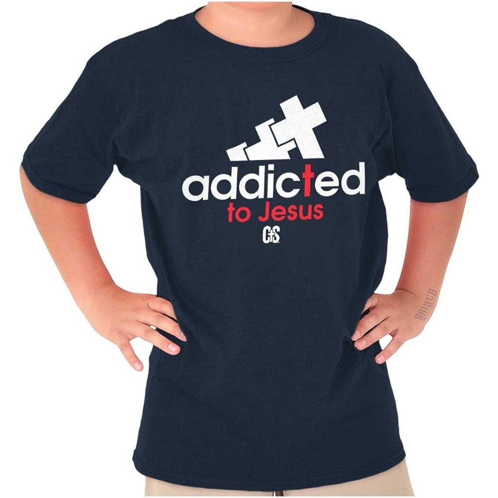 image:imageBrisco Brands Punny Christian Addicted to Jesus Crewneck T Shirts Boy GirlNavy