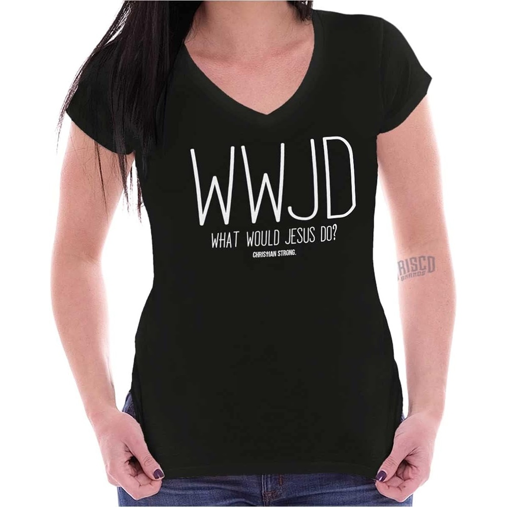image:imageWWJD What Would Jesus Do Womens Petite VNeck T Shirt Black L