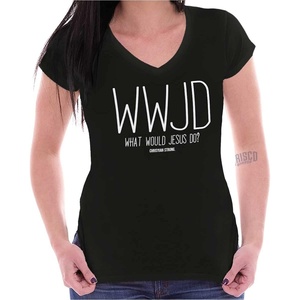 WWJD What Would Jesus Do Womens Petite V-Neck T Shirt, Black, L