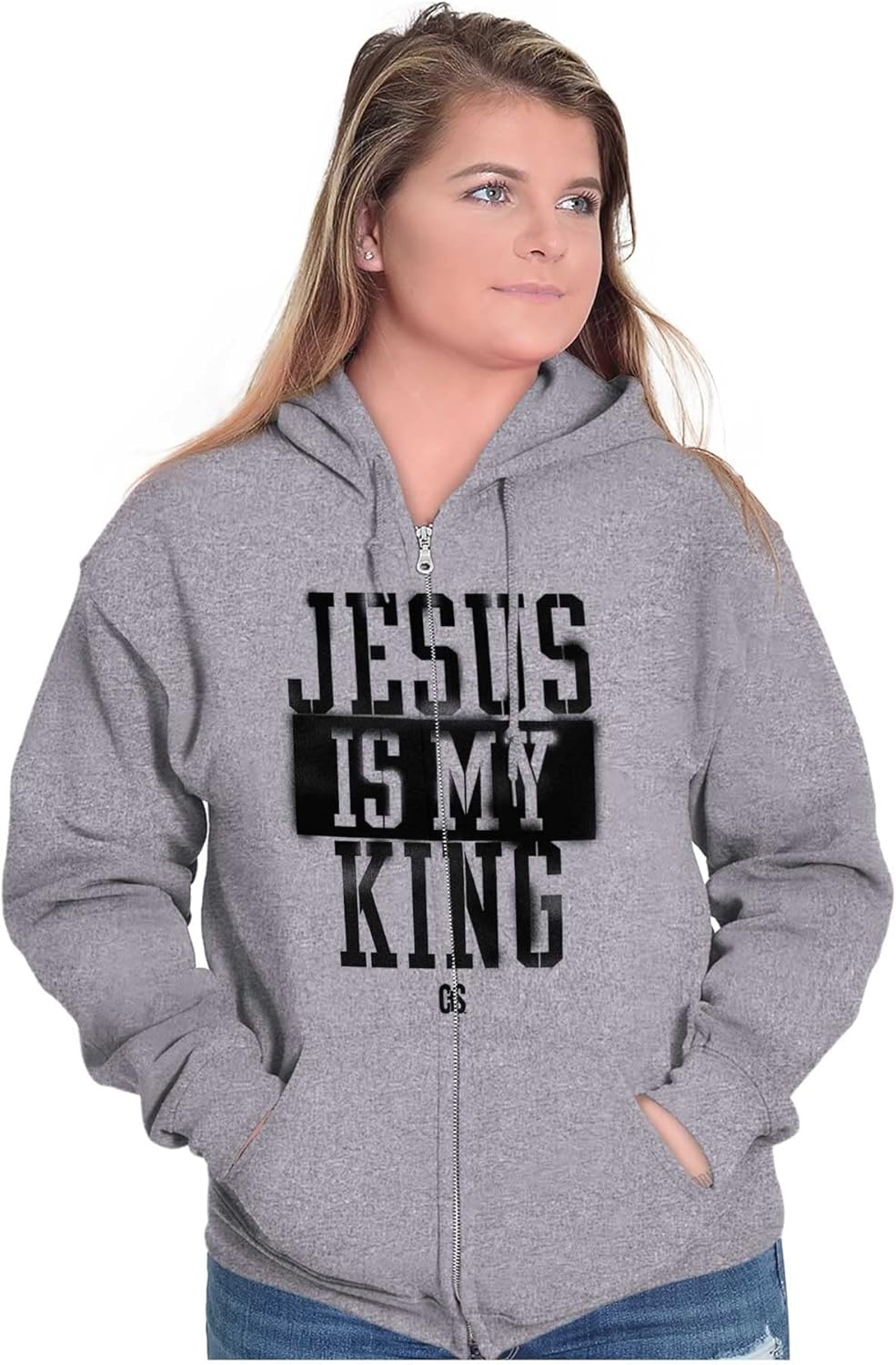 image:imageBrisco Brands Jesus is my King Christian Faith Zip Up Hoodie Mens WomensSport Grey