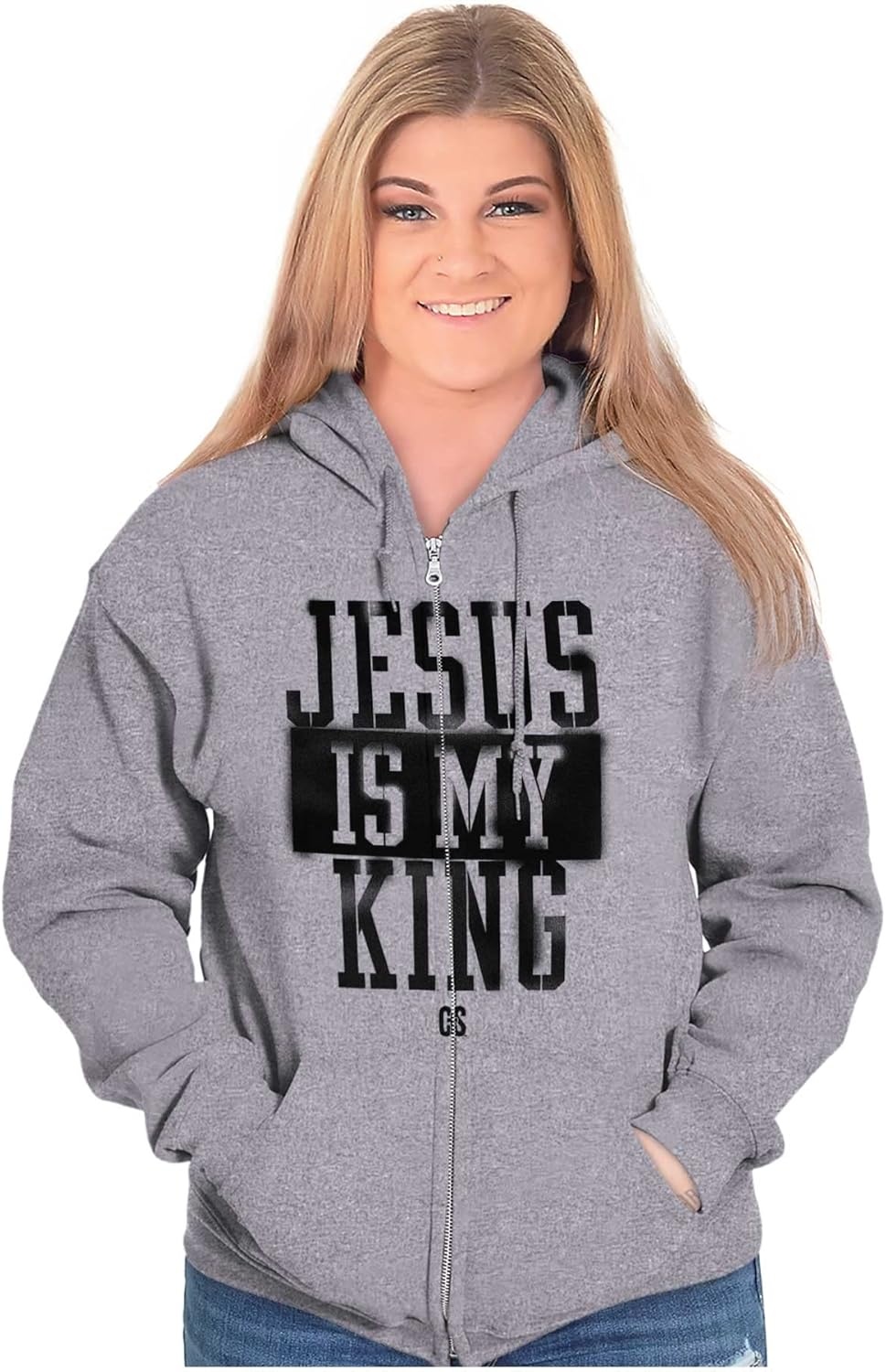 image:imageBrisco Brands Jesus is my King Christian Faith Zip Up Hoodie Mens WomensSport Grey