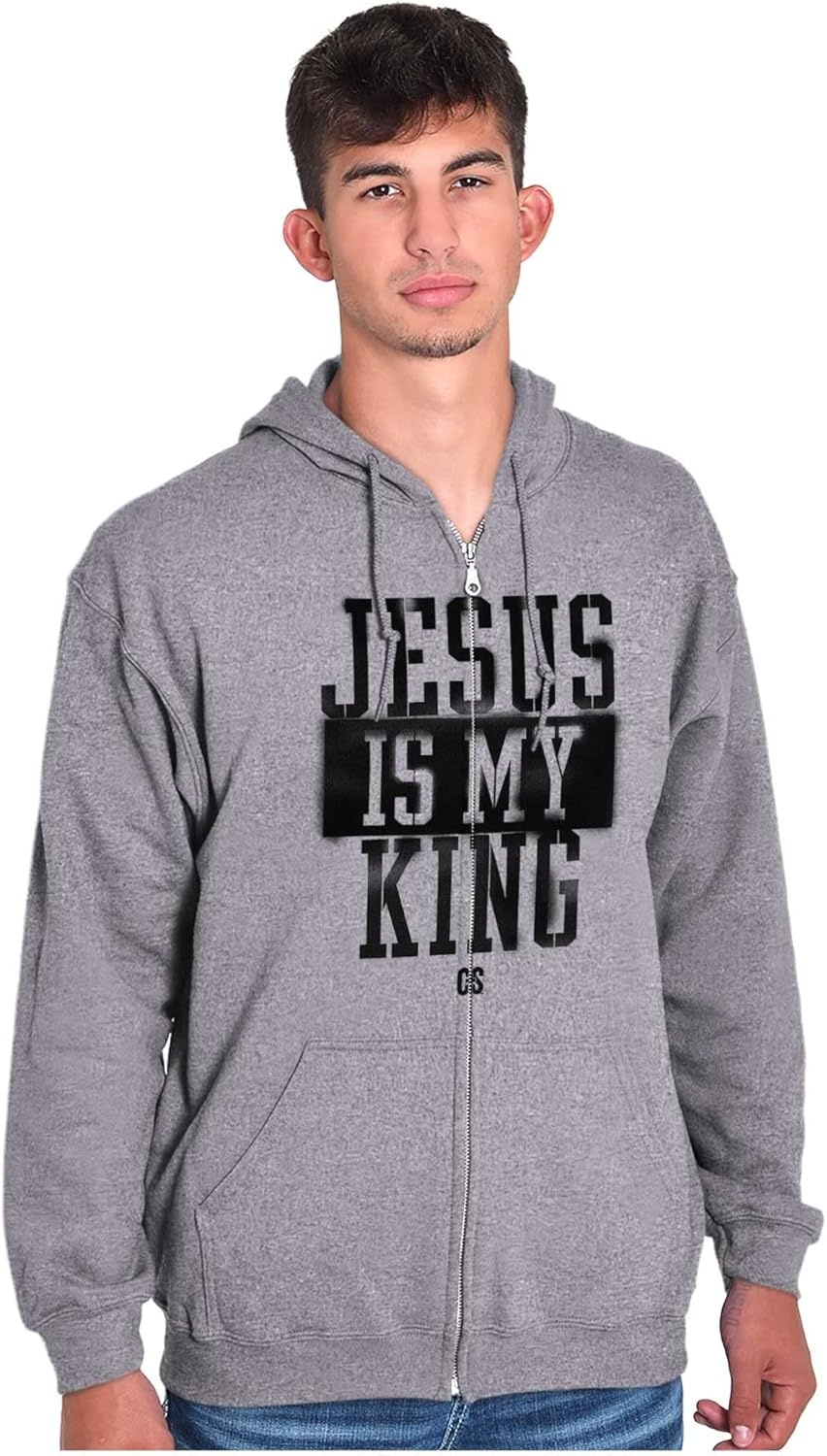 image:imageBrisco Brands Jesus is my King Christian Faith Zip Up Hoodie Mens WomensSport Grey