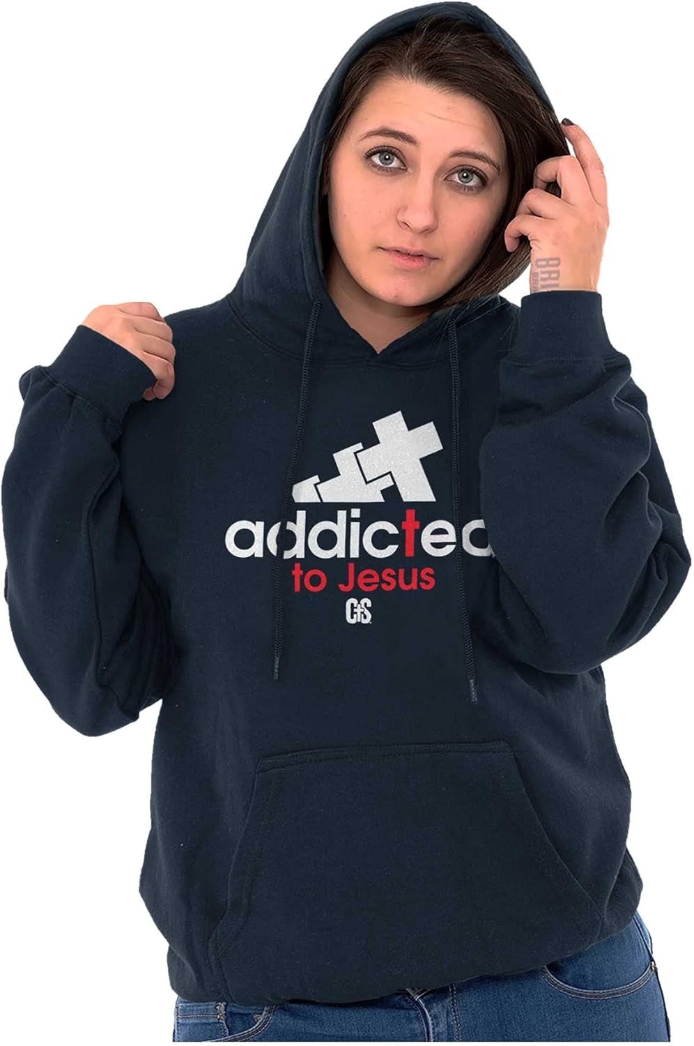 image:imageBrisco Brands Punny Christian Addicted to Jesus Hoodie Sweatshirt Women MenNavy