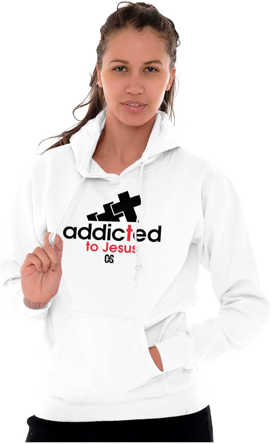 image:imageBrisco Brands Punny Christian Addicted to Jesus Hoodie Sweatshirt Women MenWhite