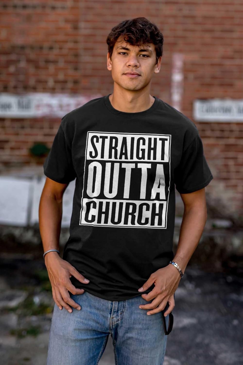 image:imageBrisco Brands Straight Outta Church Religious Graphic T Shirt Men or WomenBlack