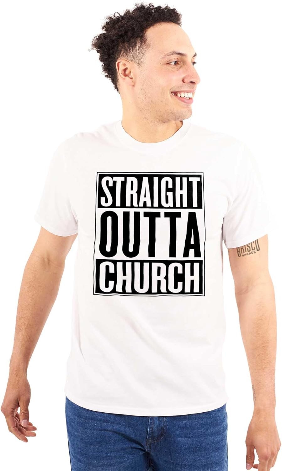 image:imageBrisco Brands Straight Outta Church Religious Graphic T Shirt Men or WomenWhite