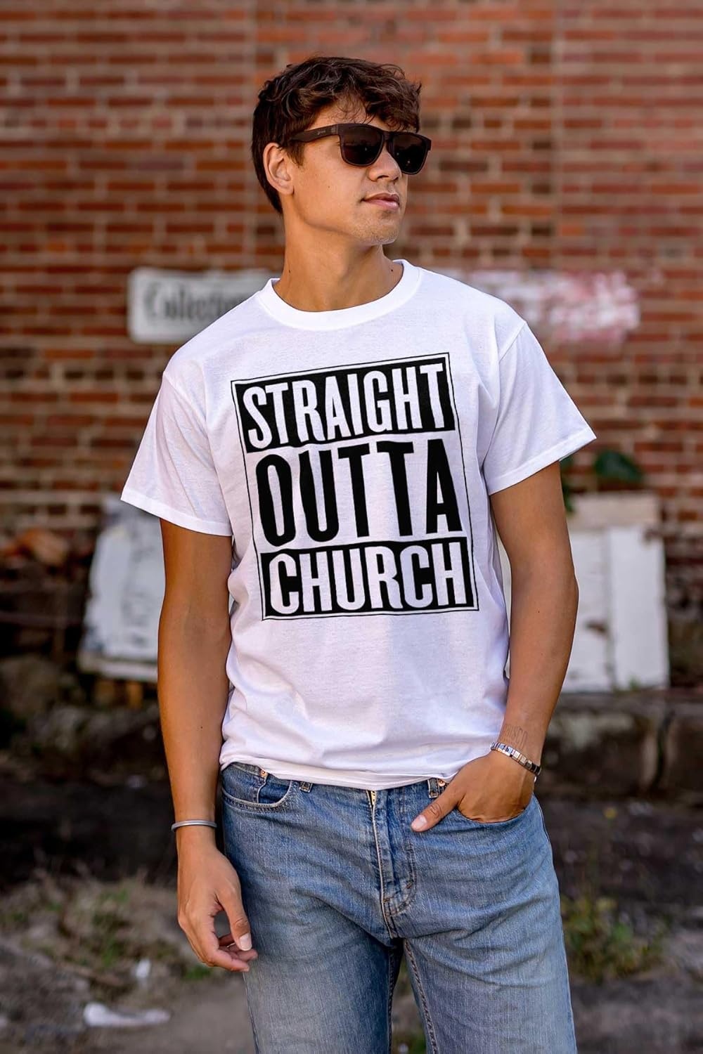 image:imageBrisco Brands Straight Outta Church Religious Graphic T Shirt Men or WomenWhite