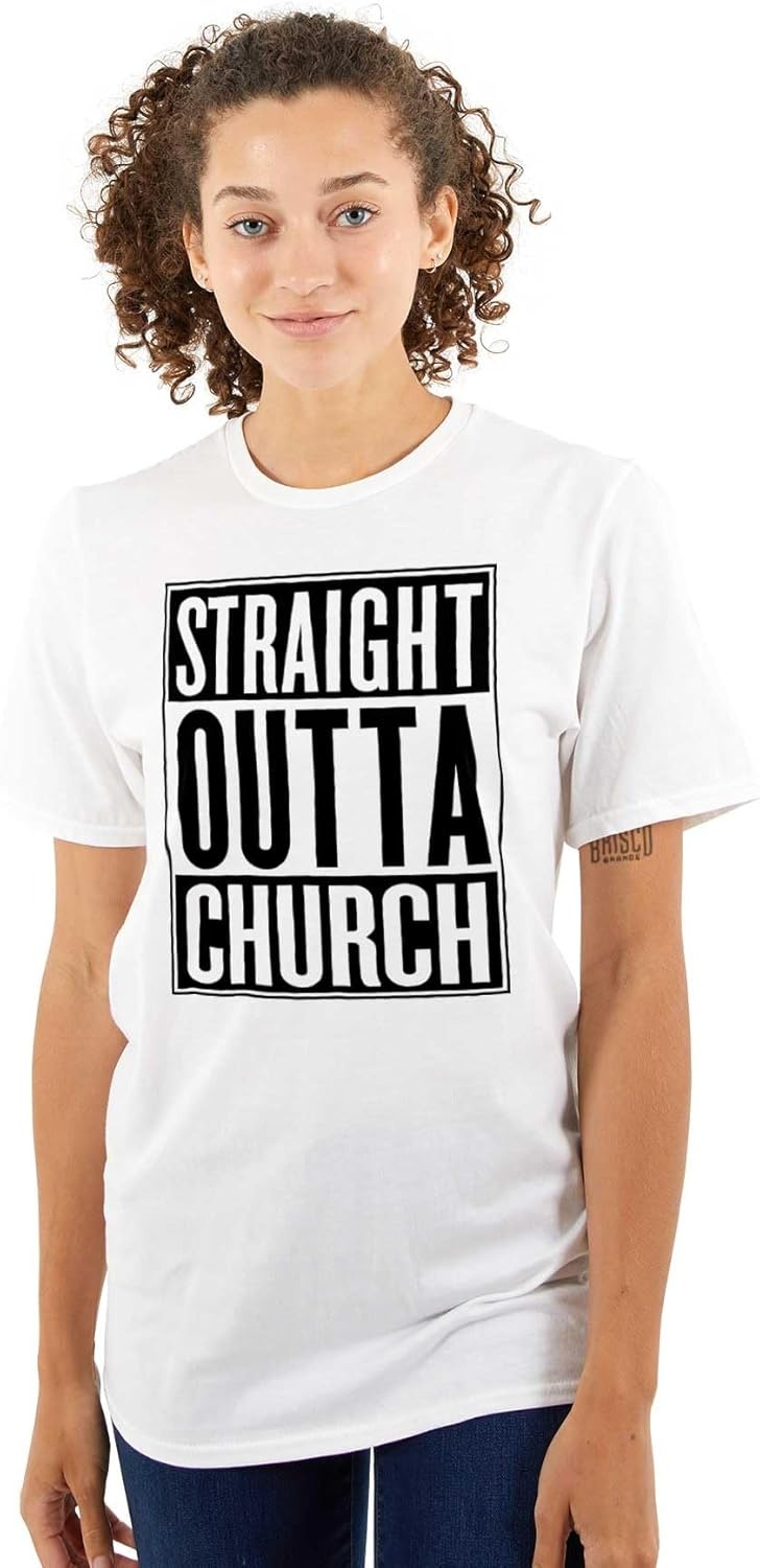 image:imageBrisco Brands Straight Outta Church Religious Graphic T Shirt Men or WomenWhite