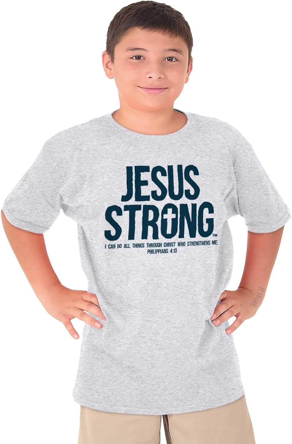 image:imageJesus Strong Philippians 413 Bible Crewneck T Shirts Boy GirlAsh Grey